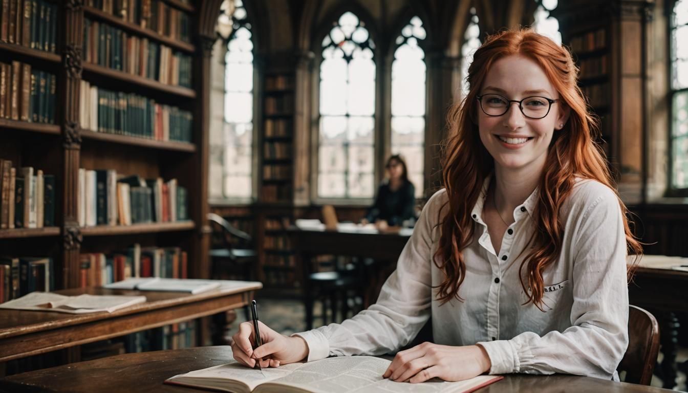Redhead in Gothic Library: Professional Photography