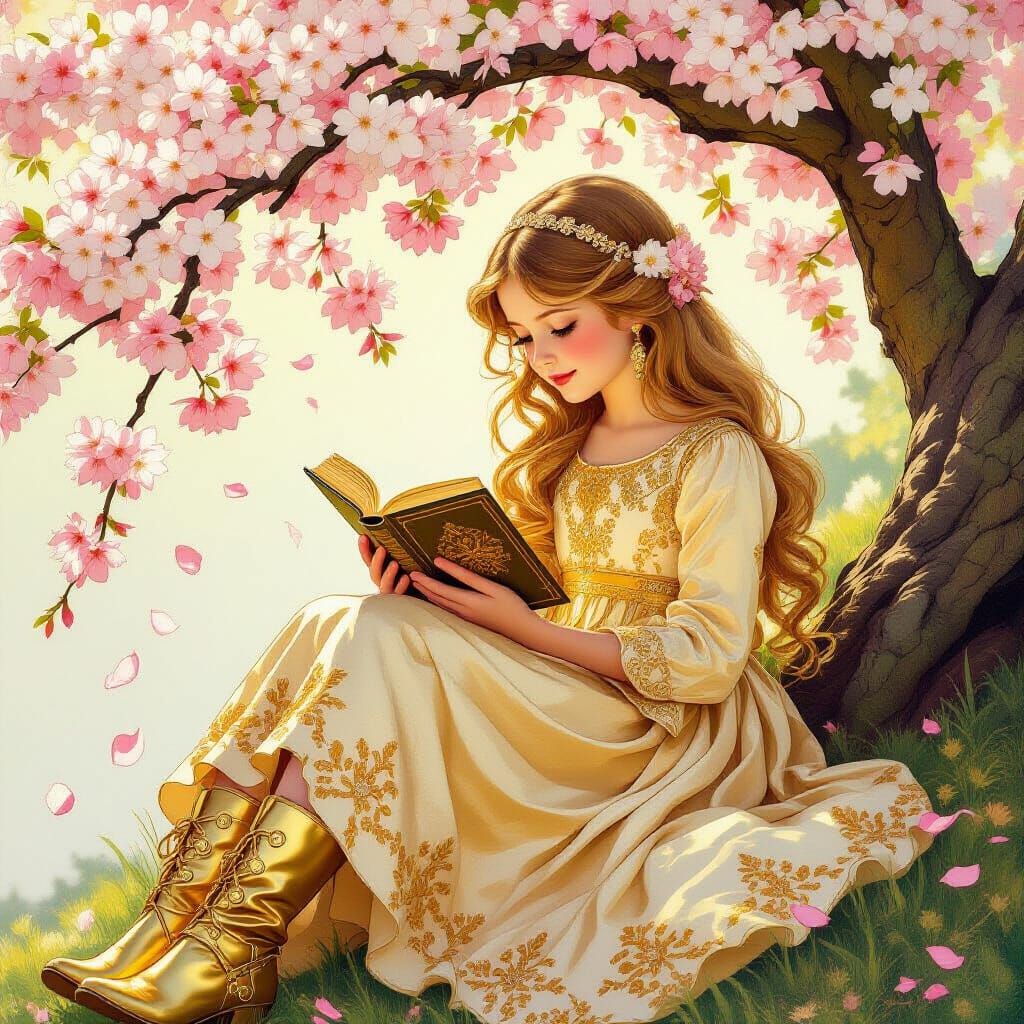 Golden Girl Reading Under Flowering Tree