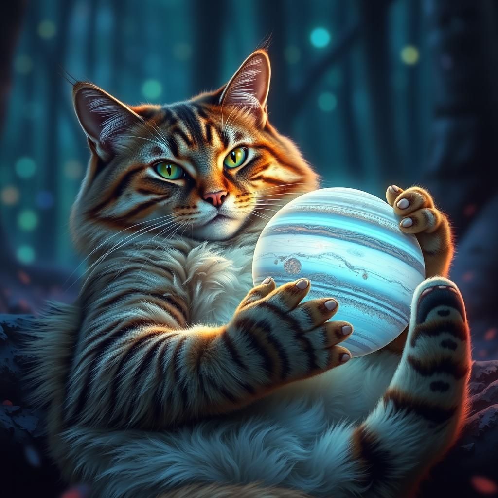 Hyperrealistic Cat Toying with Jupiter in Bioluminescent Woo...
