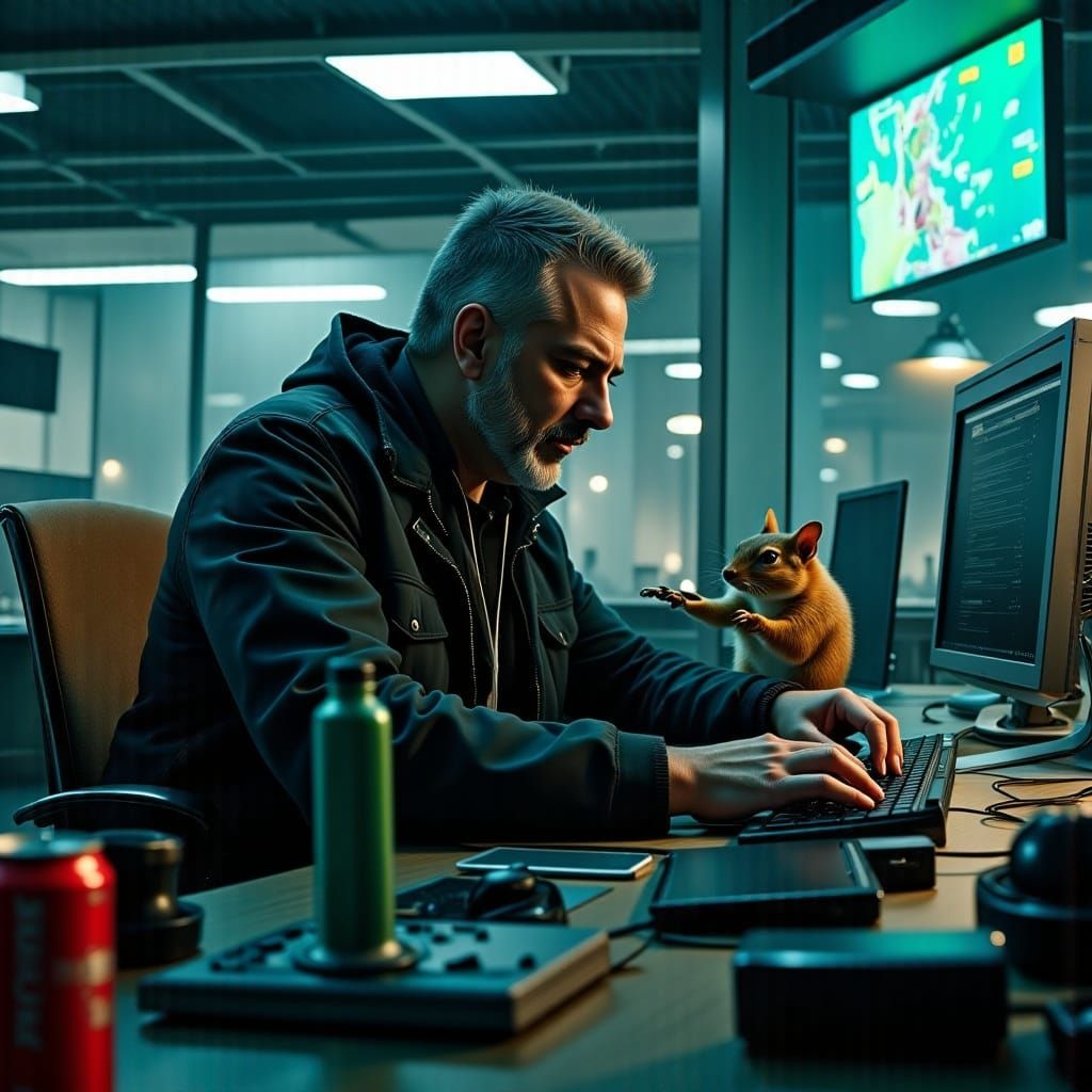 Cyberpunk Engineer Accepts Energy Drink From Squirrel