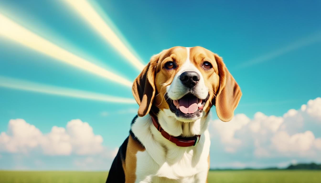 Beagle's Smile in a Psychedelic Sky of Dog Food