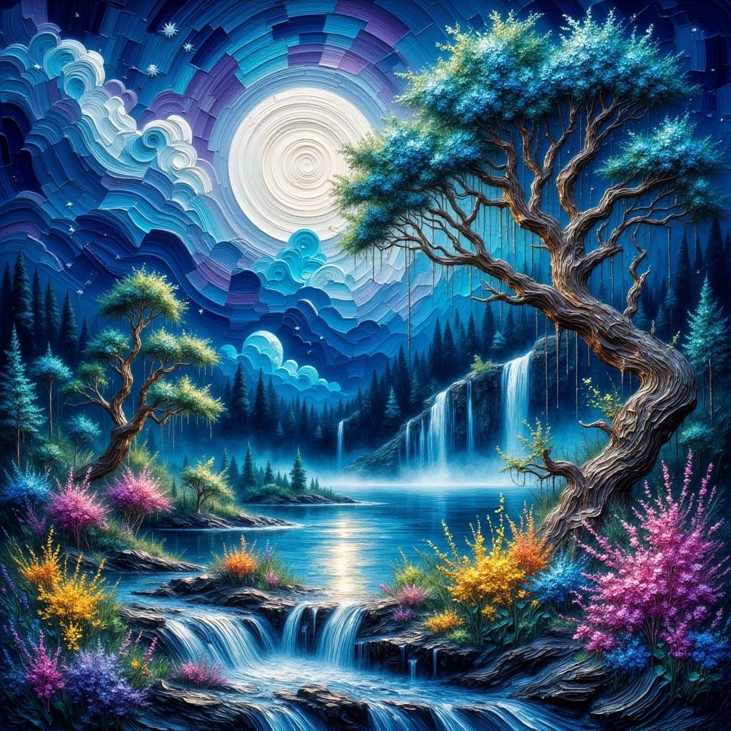 Impasto Nighttime Waterfall Scene in Dreamy, Textured Colors