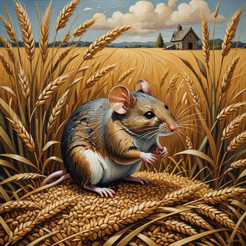 Mouse Stealing Grain in Symbolist Oil Painting Style