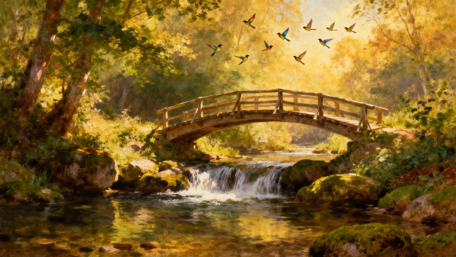 Serene Waterfall Landscape Oil Painting with Birds