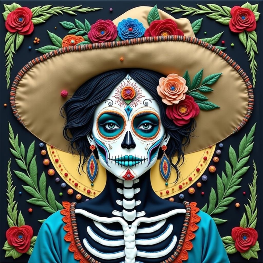 Textile Catrina Skeleton Art for Dia de los Muertos