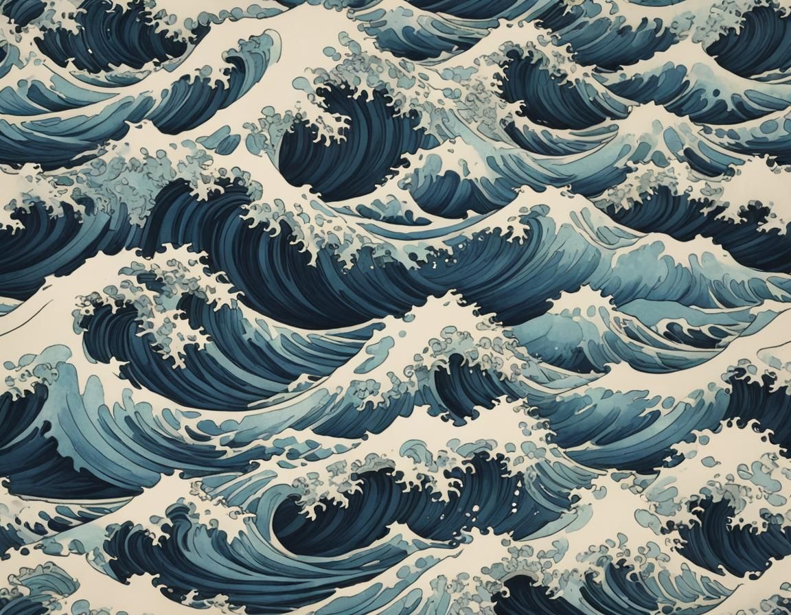 Dynamic Ocean Waves in Gouache and Ink