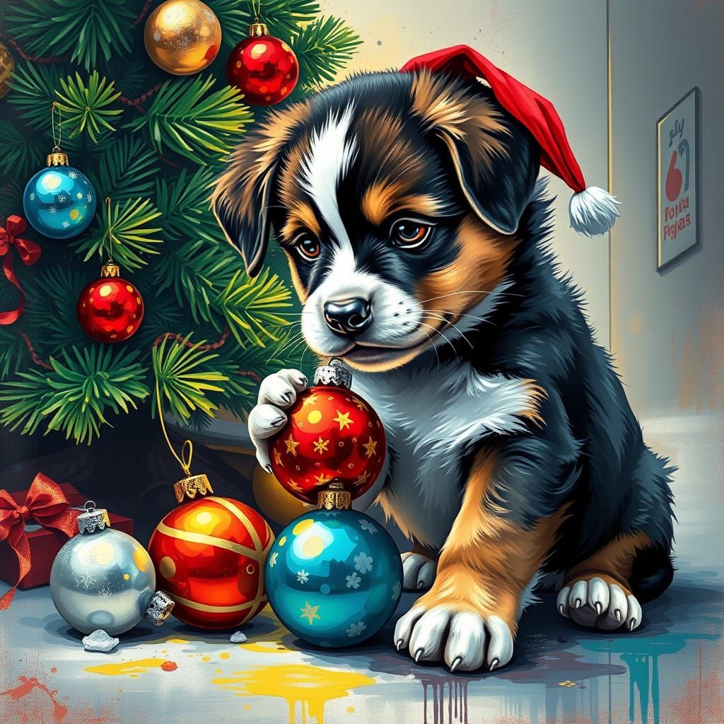 Vibrant Puppy Playtime in Street Art Style