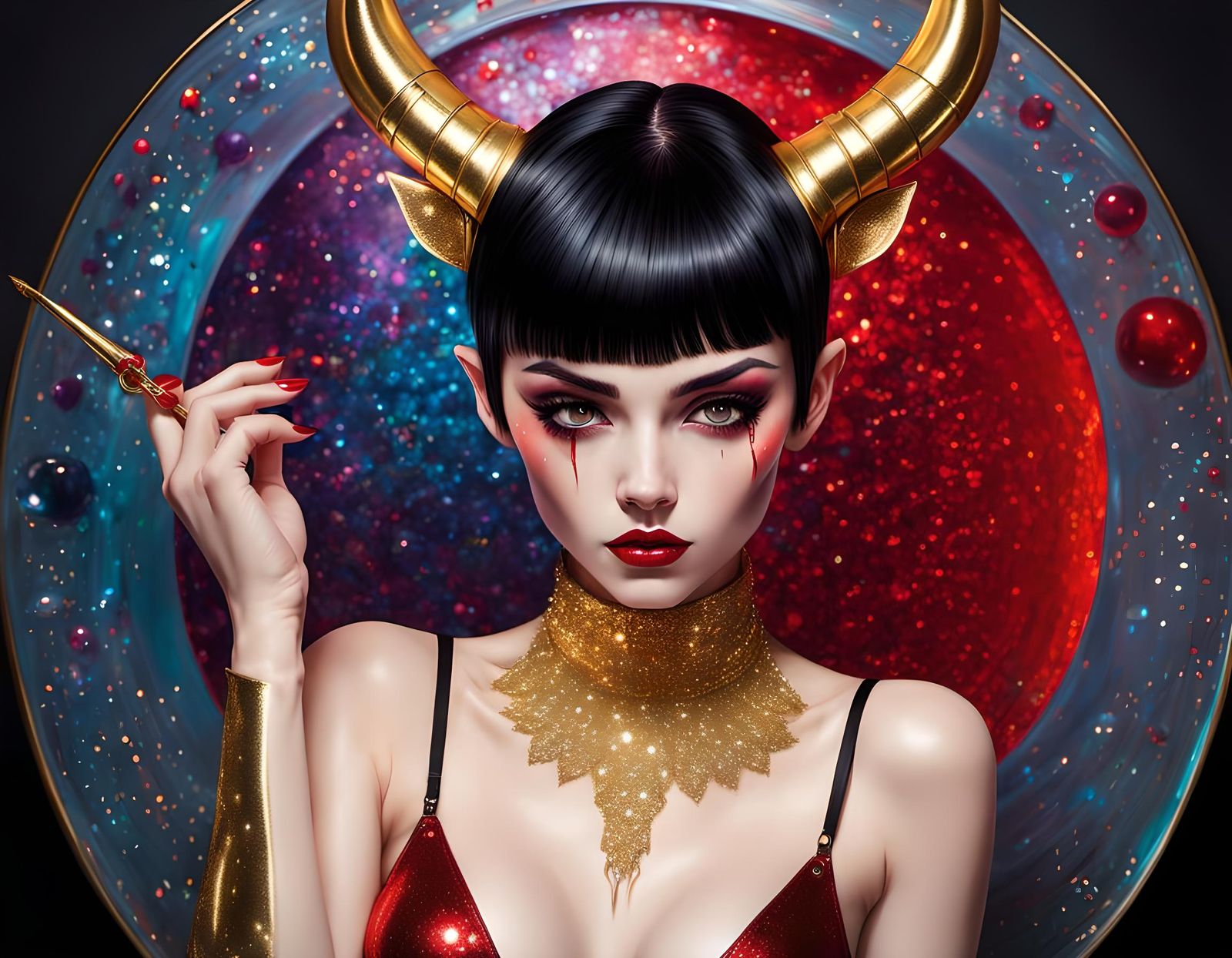 Jewel-Toned Stag Woman in Dynamic Pose