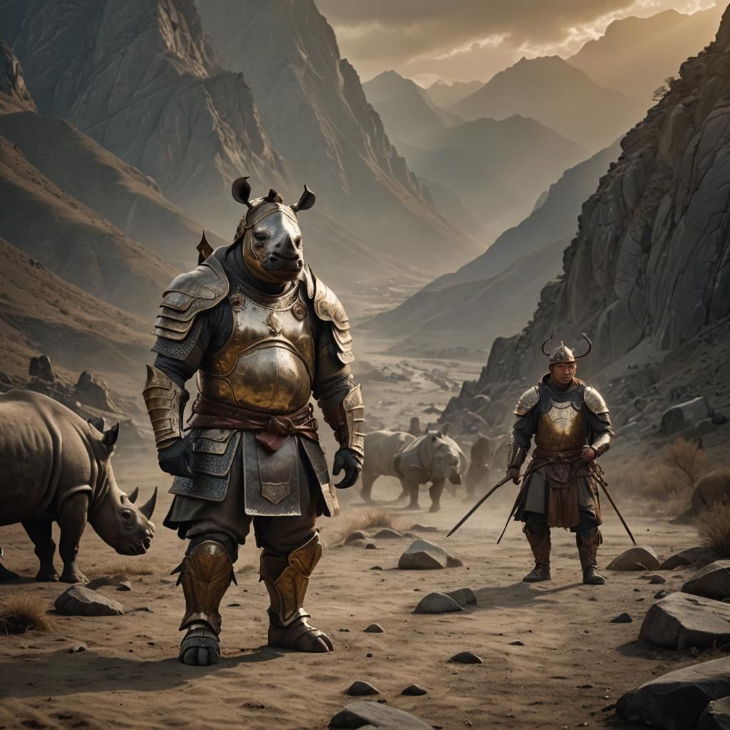Mongolian Rhino Warrior in Renaissance Portrait