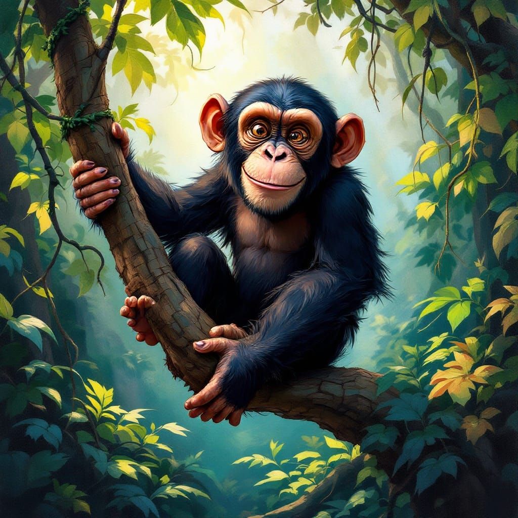 Create an image of a playful and curious chimpanzee in its natural habitat. The chimpanzee should be depicted in a livel...