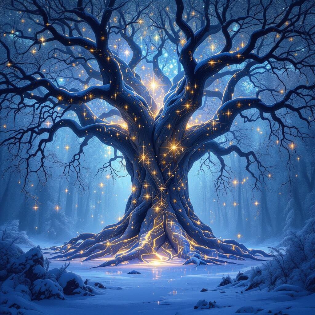 Ancient Constellation Tree in Ethereal Frozen Forest