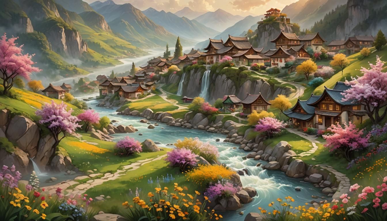 Ethereal Mountain River Landscape in Oil Painting Style