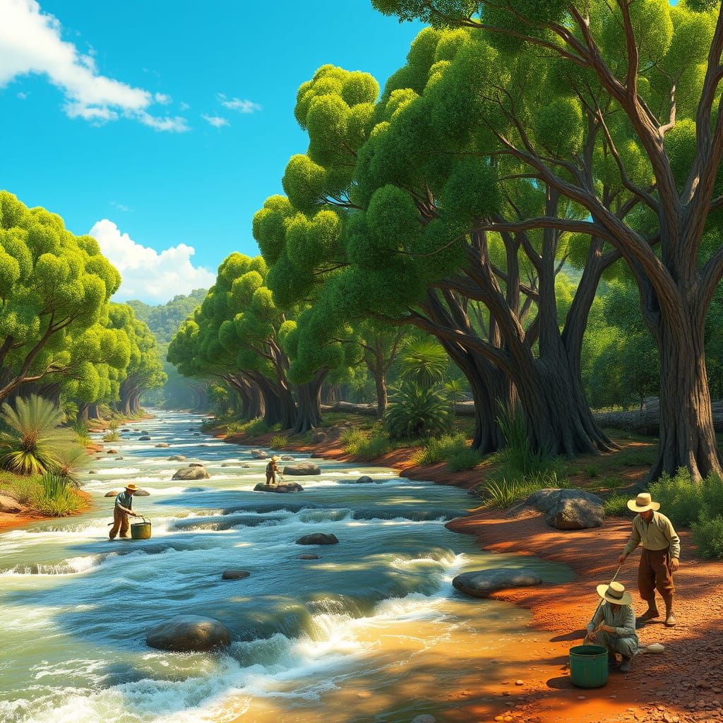 Towering Green Gumtrees Line Australian Riverbanks