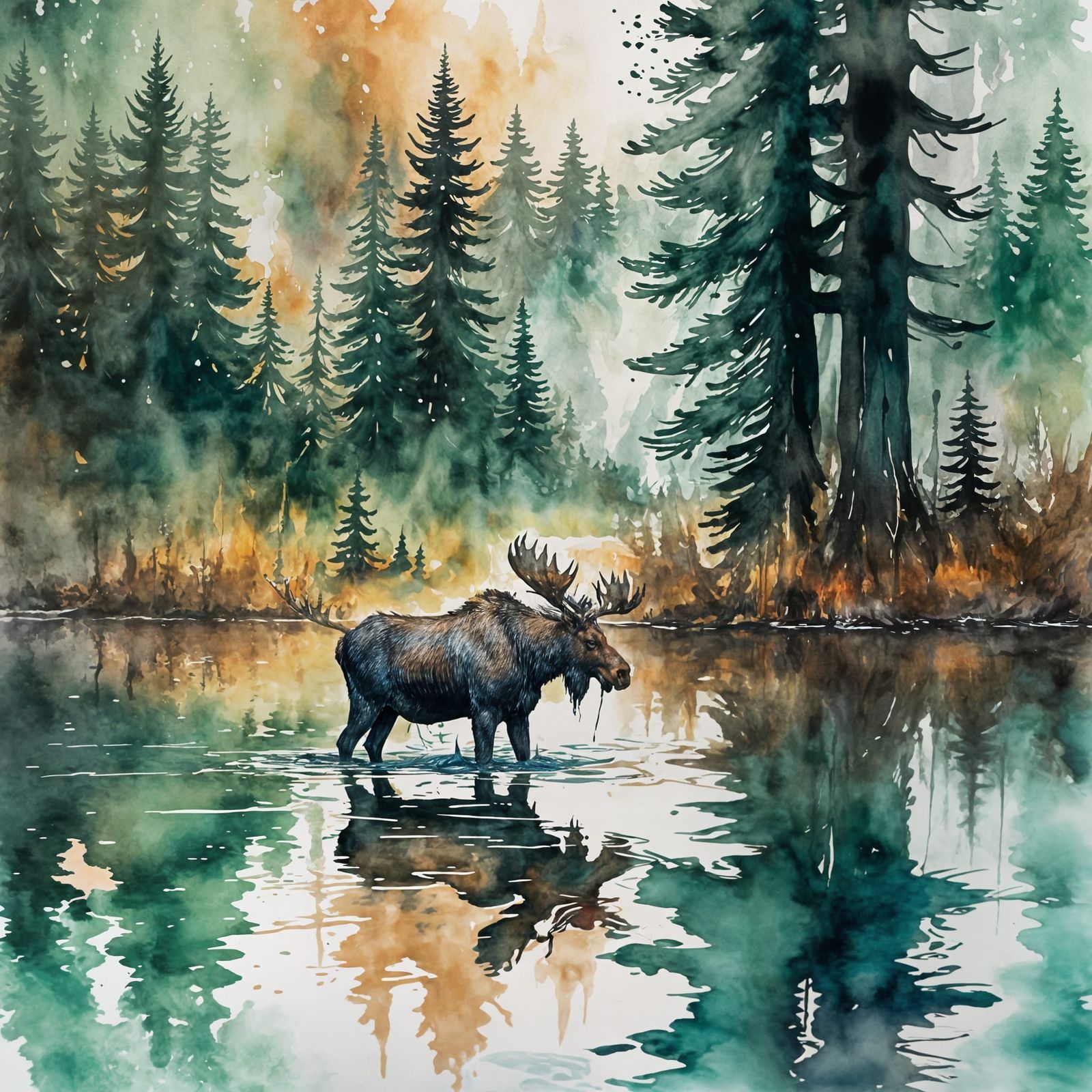 Moose Portrait with Ink Splashes in Forest