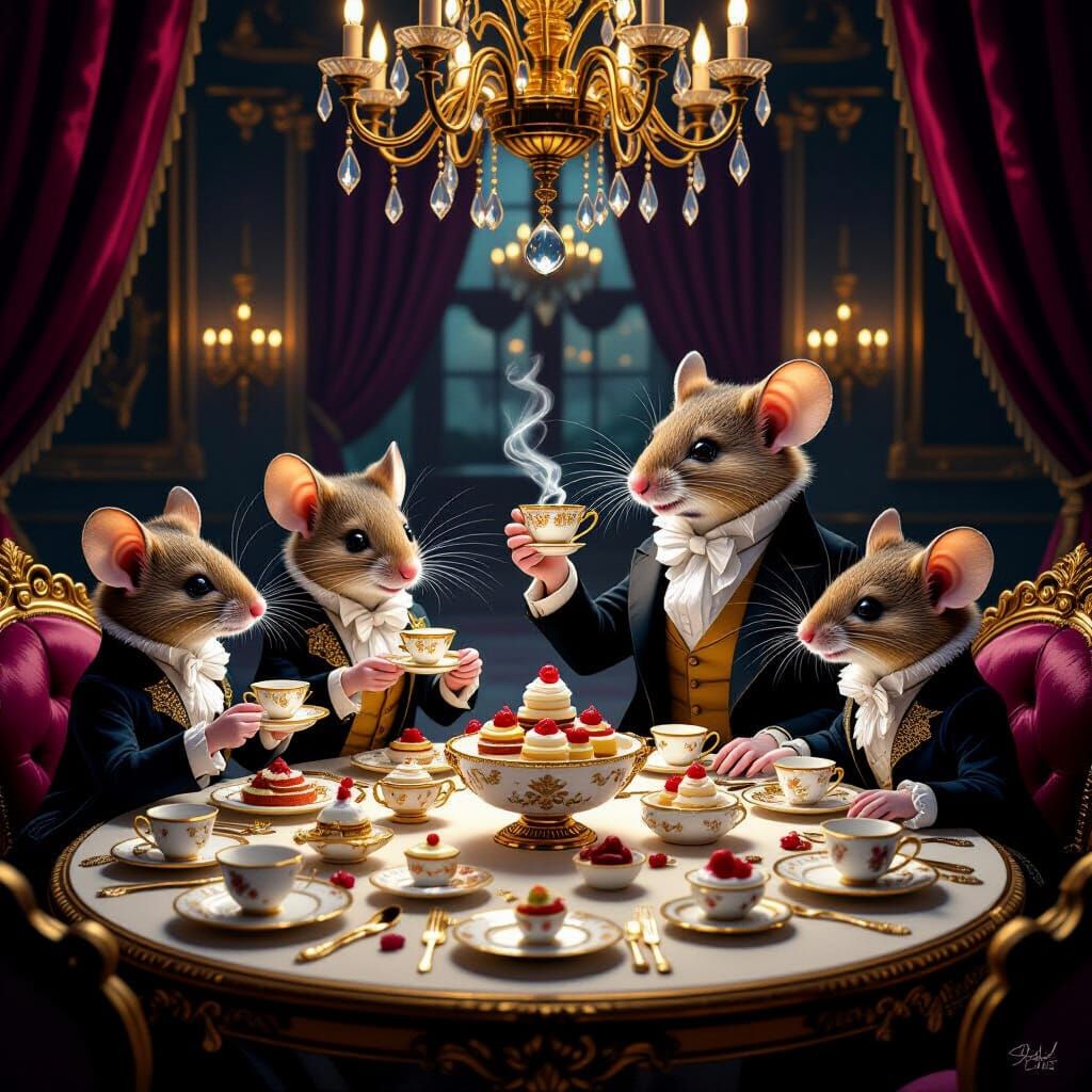 Victorian Mice Feast in Opulent Ballroom