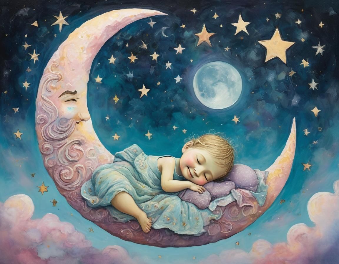 Dreamy Crescent Moon Cradling Sleeping Child