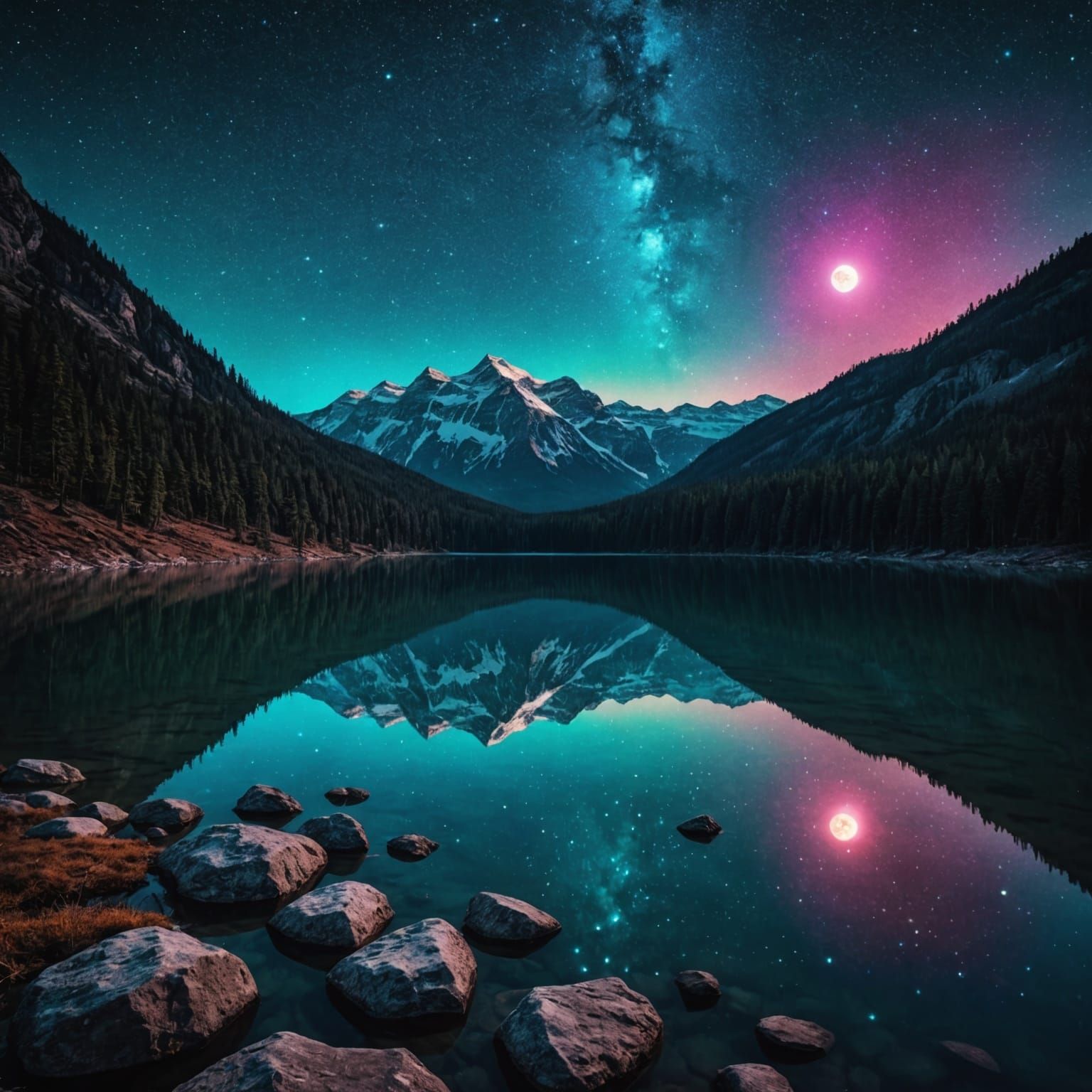 Magical Cosmic Lake at Midnight in 3D