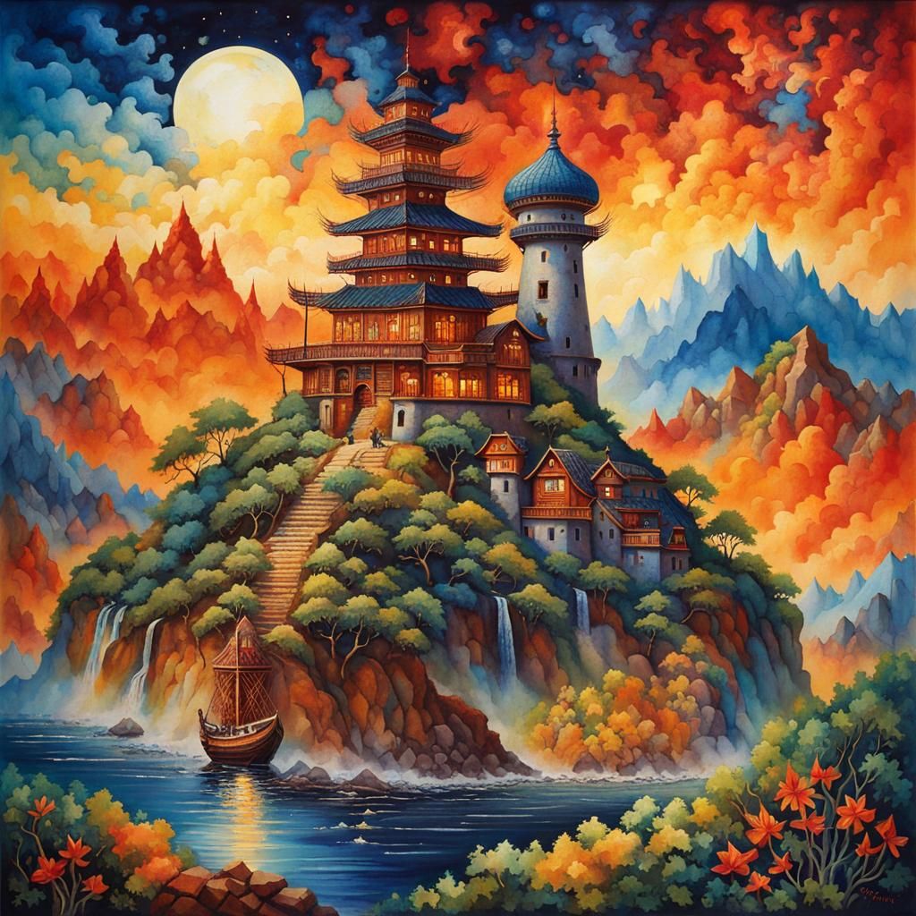 Surreal Dragon Citadel in Batik Watercolor Style