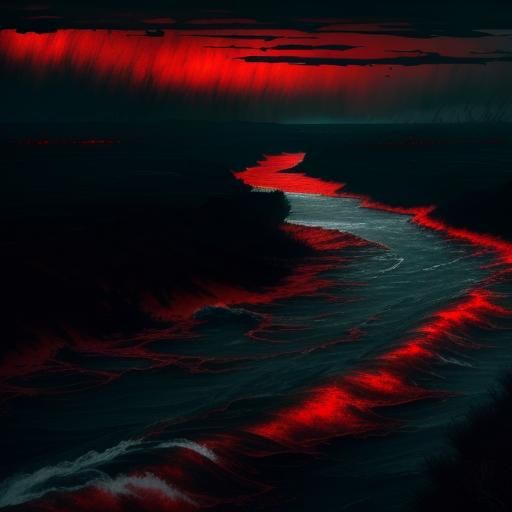 A dark, viscous river winds through the landscape, its fetid waters churning with tormented souls.
The sky offers no sol...