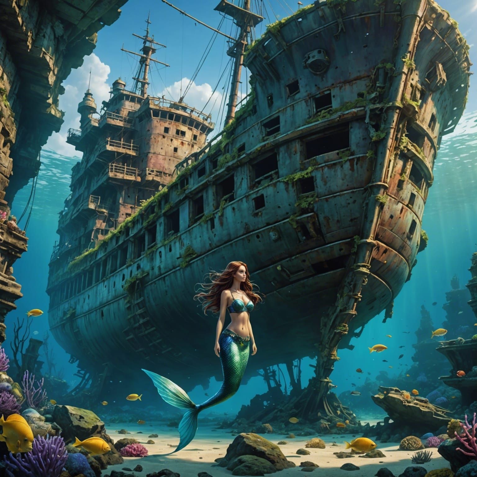 Surreal Mermaid Amid Sunken Ship Graveyard