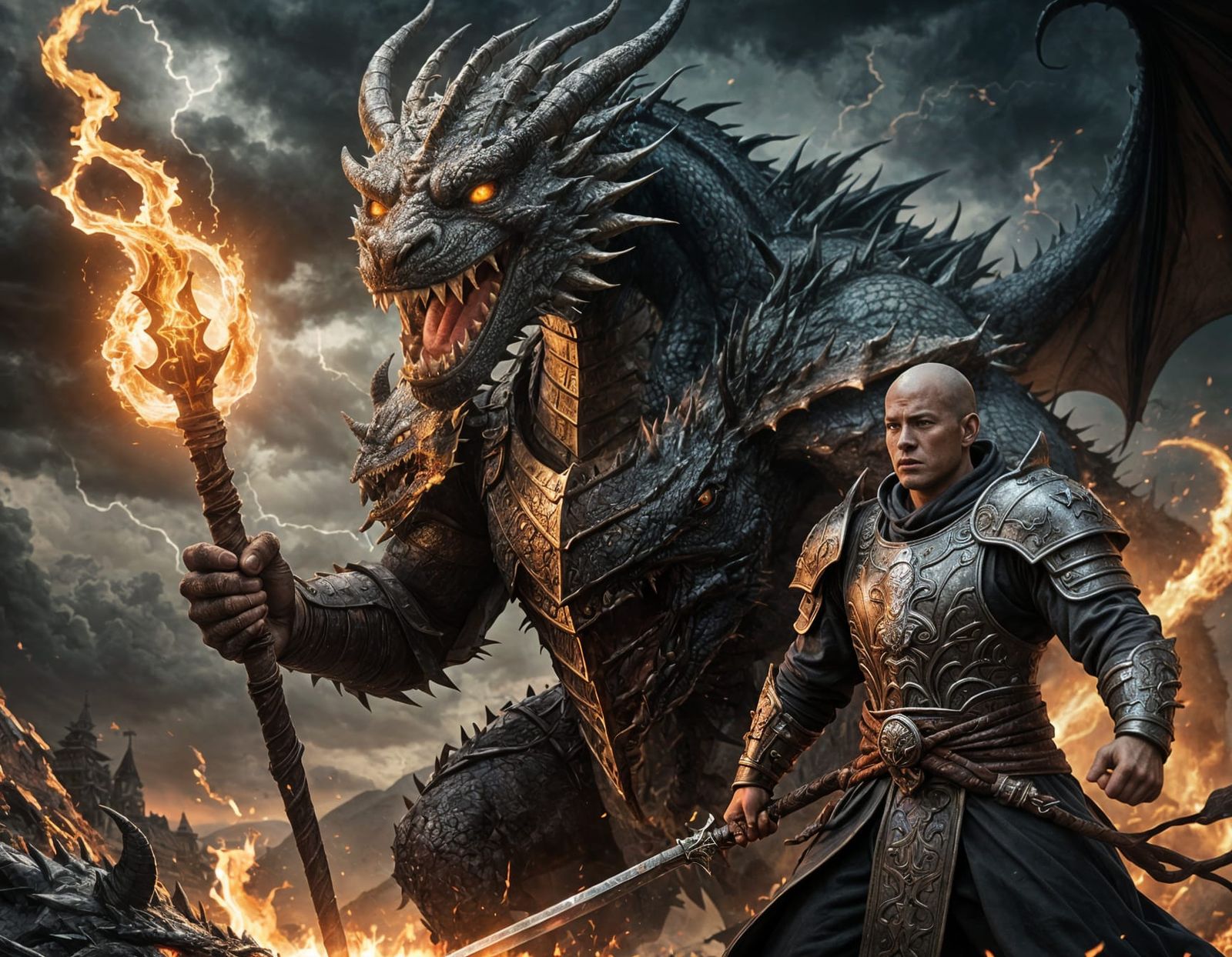 Dark Fantasy Warrior-Monk Defeats Legendary Dragon