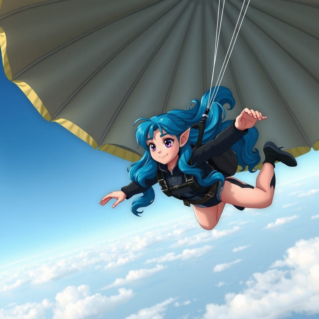 Skydiving Elf with Blue Hair