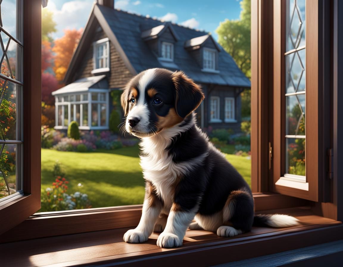 Puppy Gazing Out Window: Detailed Matte Painting