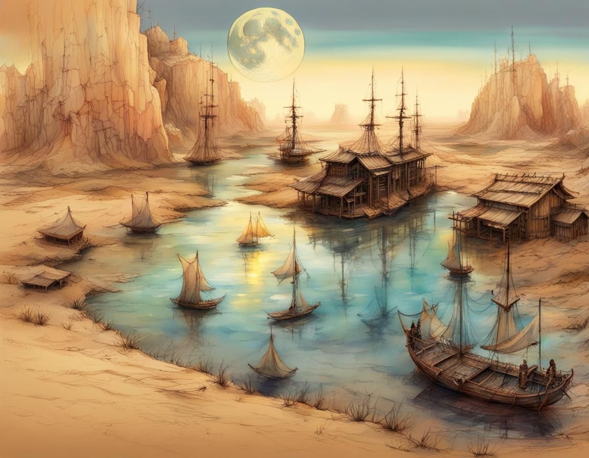 Desert Oasis with Japanese Sailboat at Golden Hour