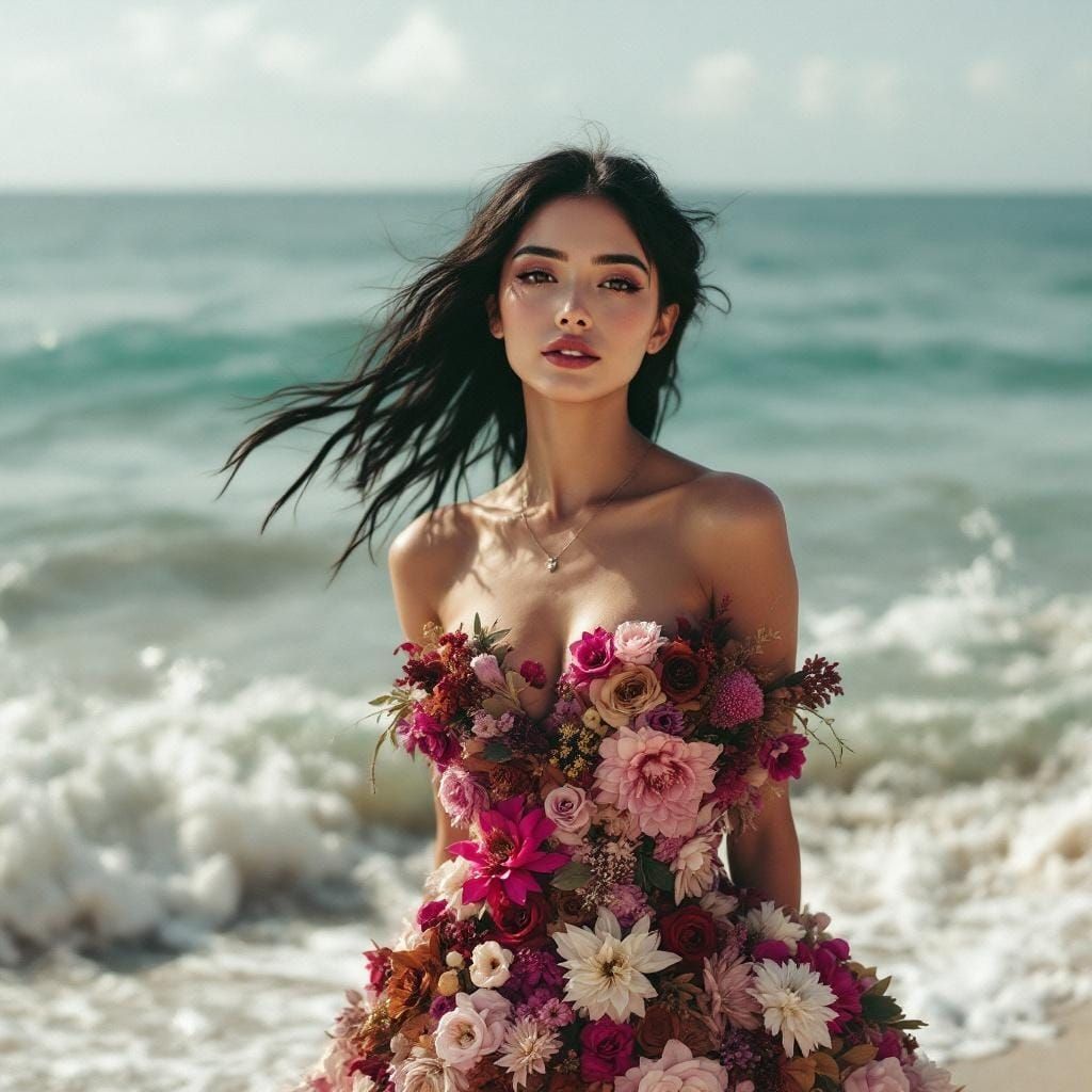 Woman in Flower Dress by the Sea