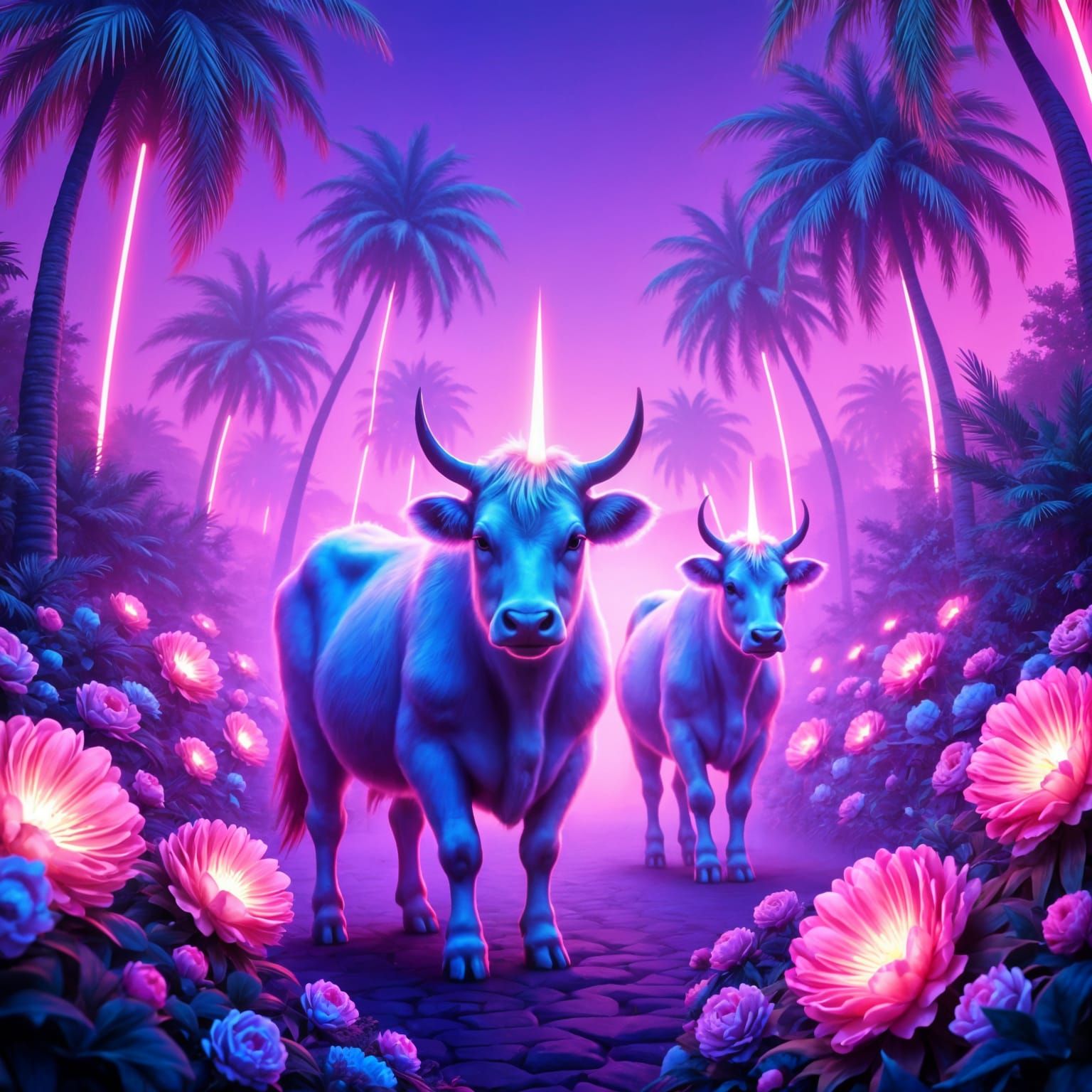 Adorable Fluffy Cows as Unicorns in a Peony Synthwave Landsc...