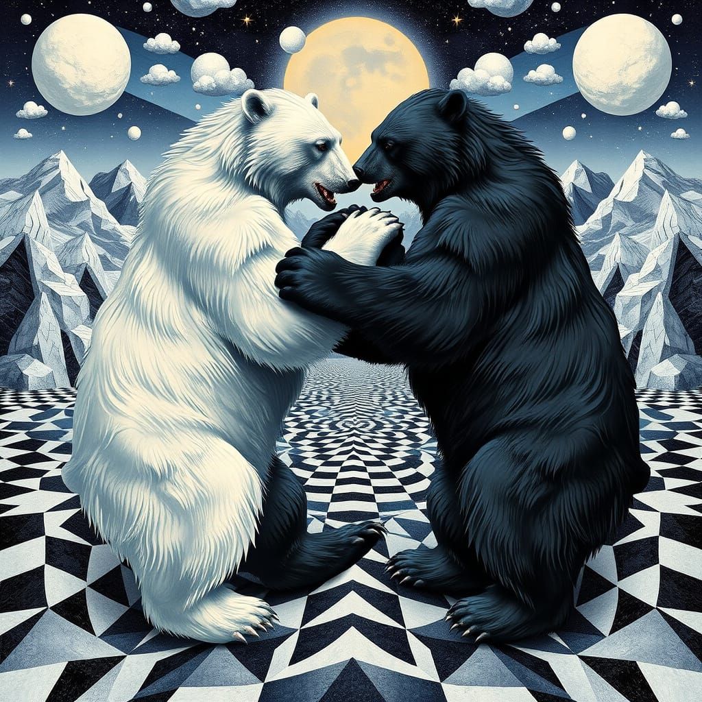 Bears Intertwined: Optical Art Dreamscape