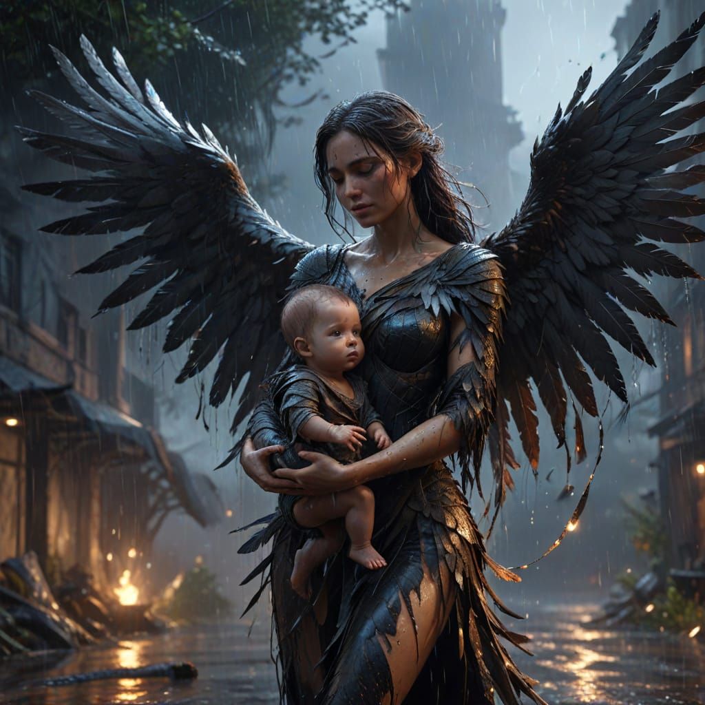 Winged Woman and Child in Rain, Digital Art