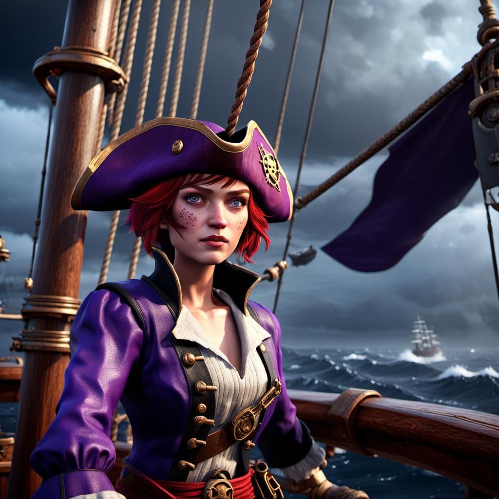 Red-Haired Pirate Swings on Ship Mast in 3D