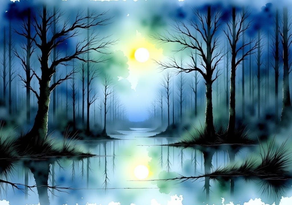 Flooded Woodland at Night in Faded Watercolour