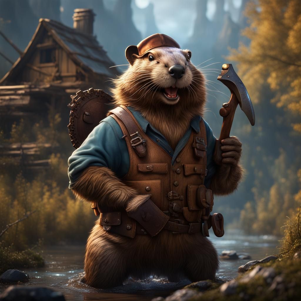Smiling Beaver Hunter Builder in Detailed Matte Painting