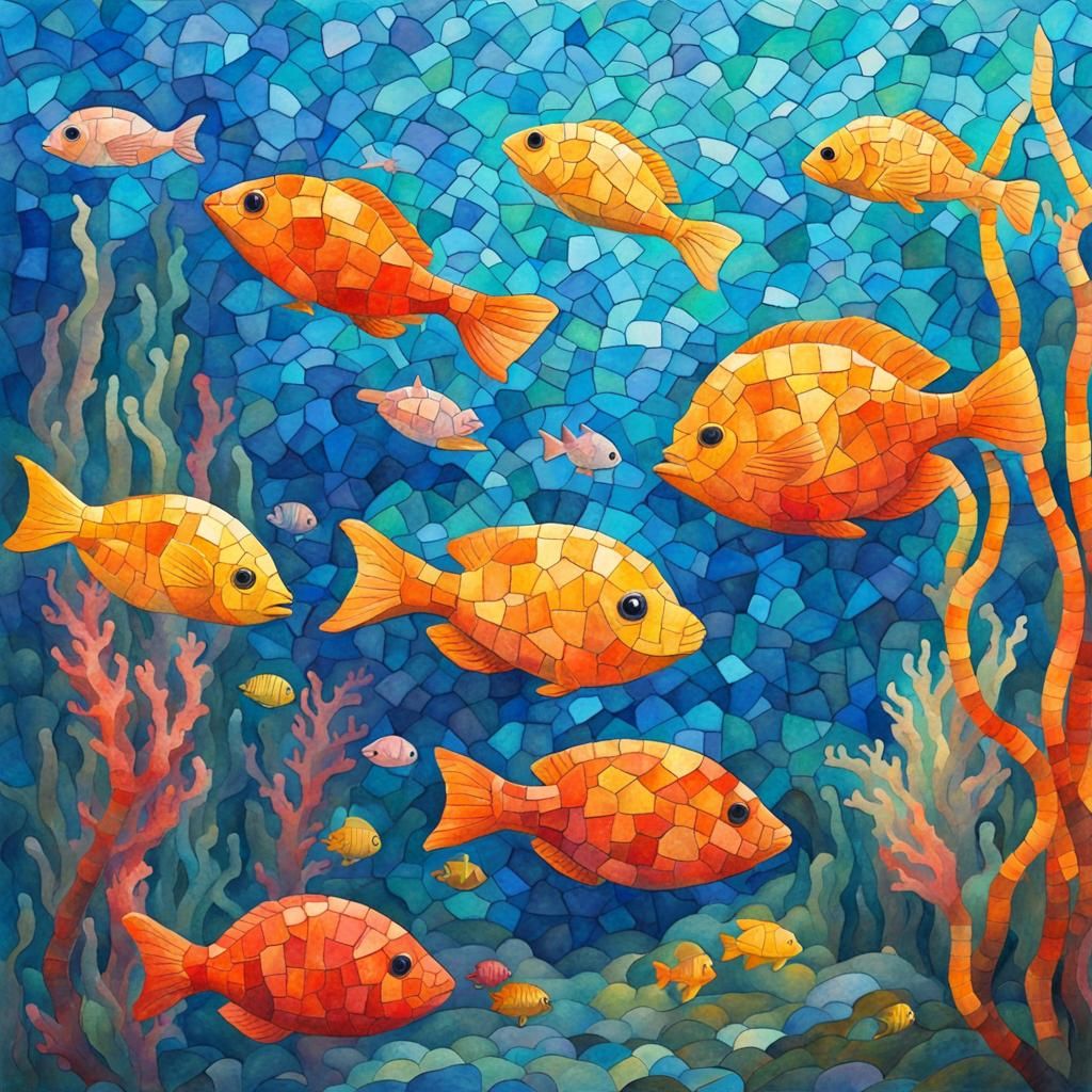 Underwater Mosaic in Gouache Watercolor Style