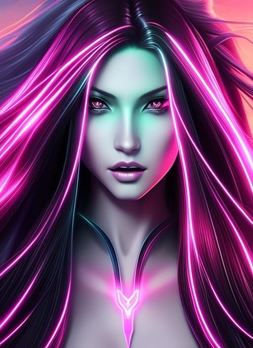 Cyberpunk Goddess with Neon Hair, Digital Art