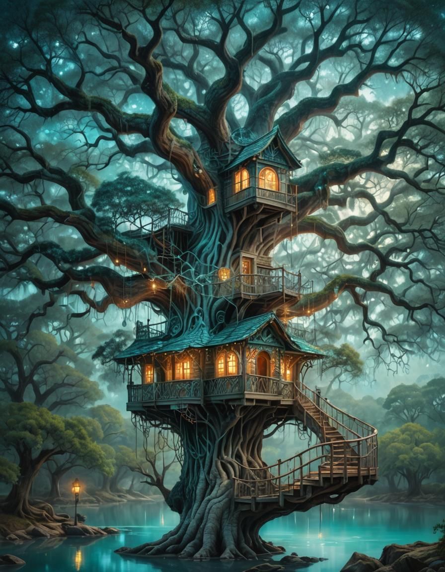 Enchanted Treehouse in Turquoise Angel Oak: Oil Painting