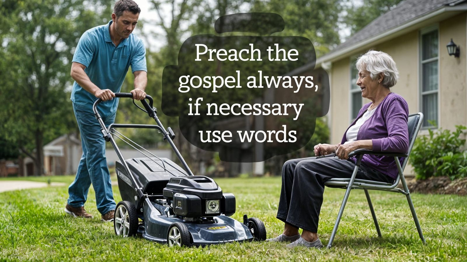 Man Mowing Lawn for Elderly Woman