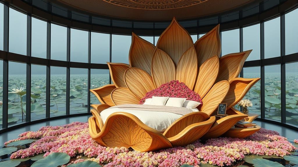 Surreal Floral Bed in a Glass-Walled Oasis