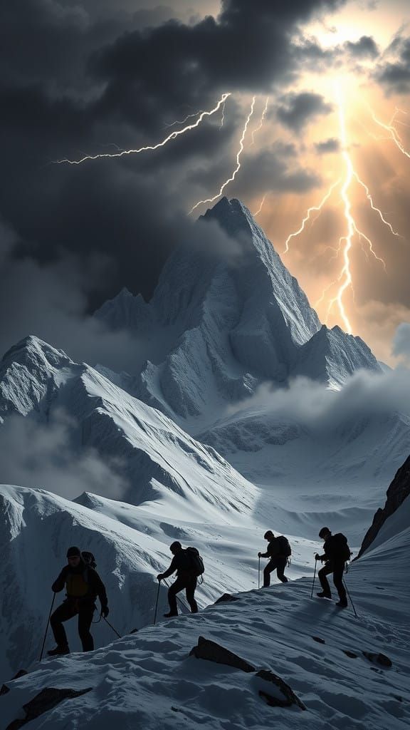 Daring Climbers Silhouetted Against Turbulent Mountain Skies