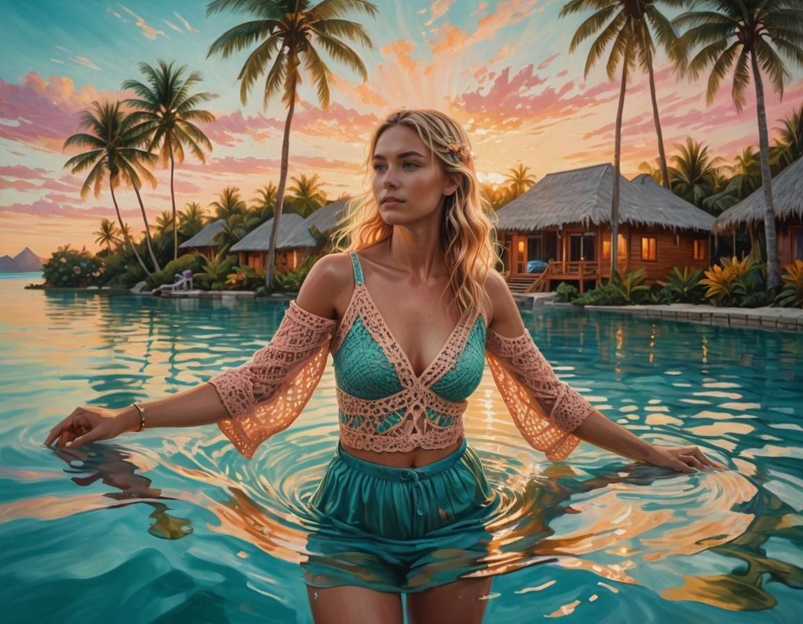 Bora Bora Sunset: Elegant Woman in Tropical Waters