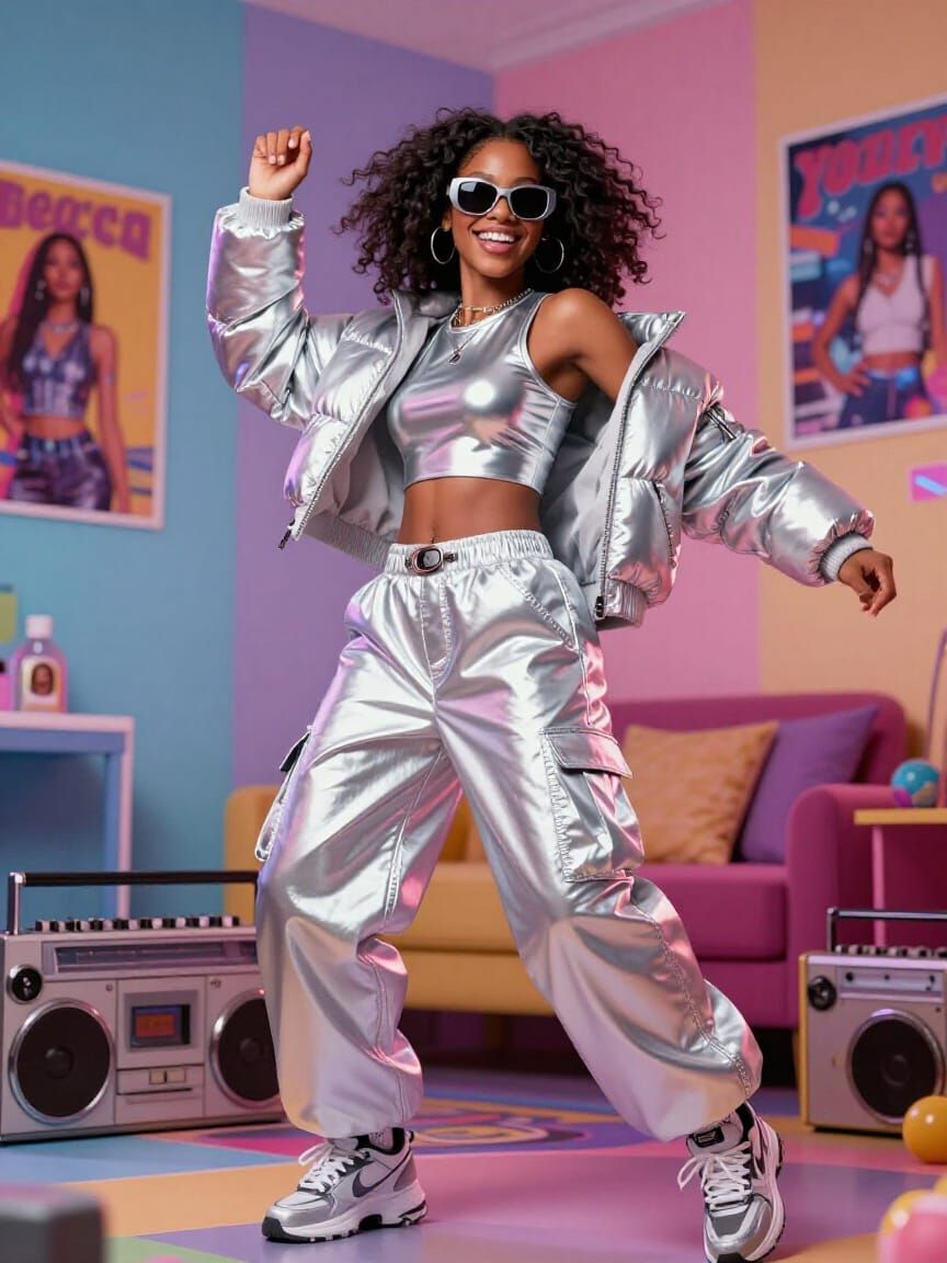 Y2K Fashion: Woman Dancing in Vibrant Bedroom