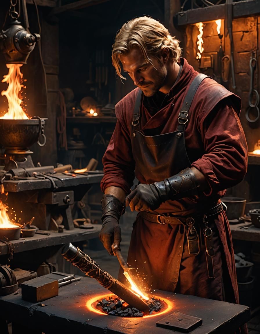Fantasy Smith Inspecting Glowing Metal in Forge