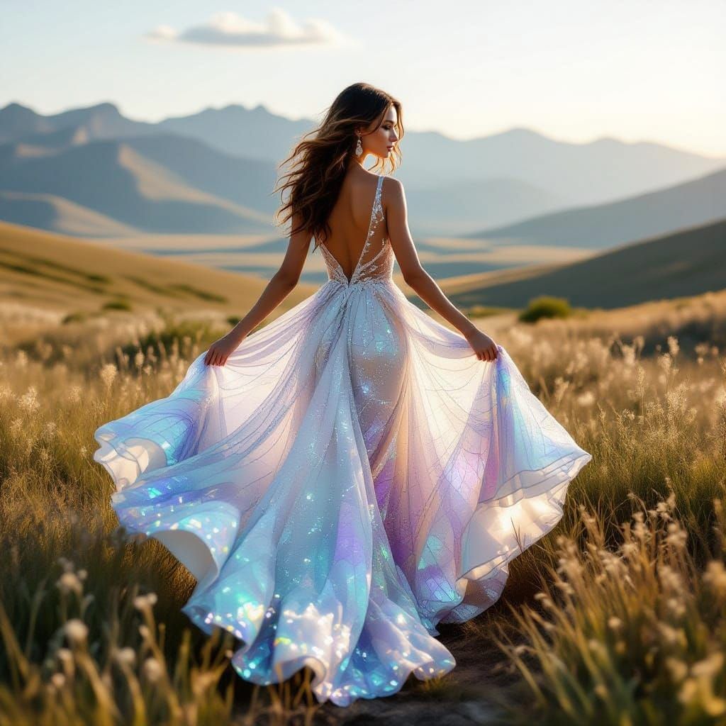 Crystal Dress Flows Through Mystical Landscape