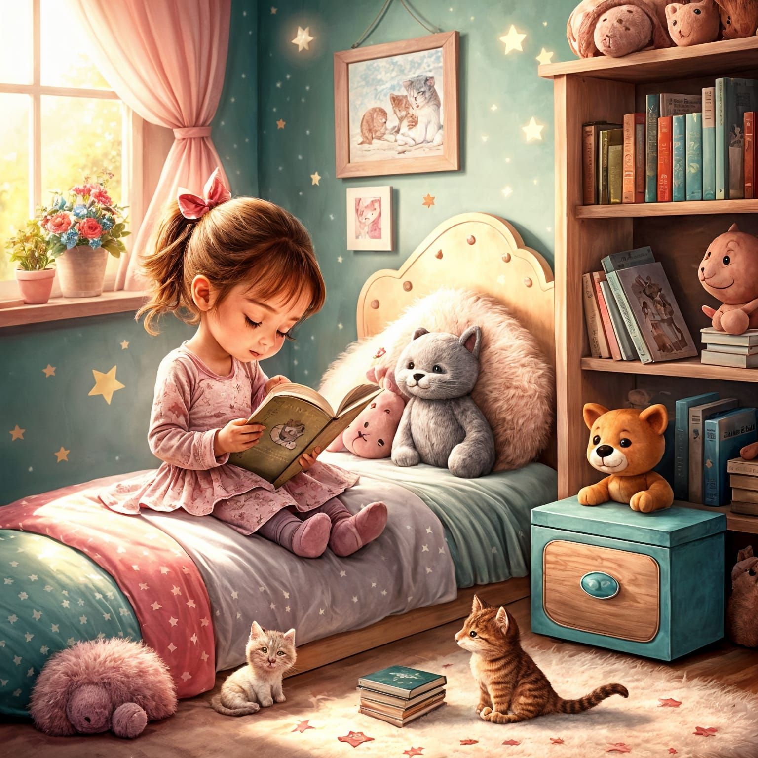 A little girl reads a book to her stuffed animals and kitten in her cozy whimsical room in a soft pastel drawing (search...