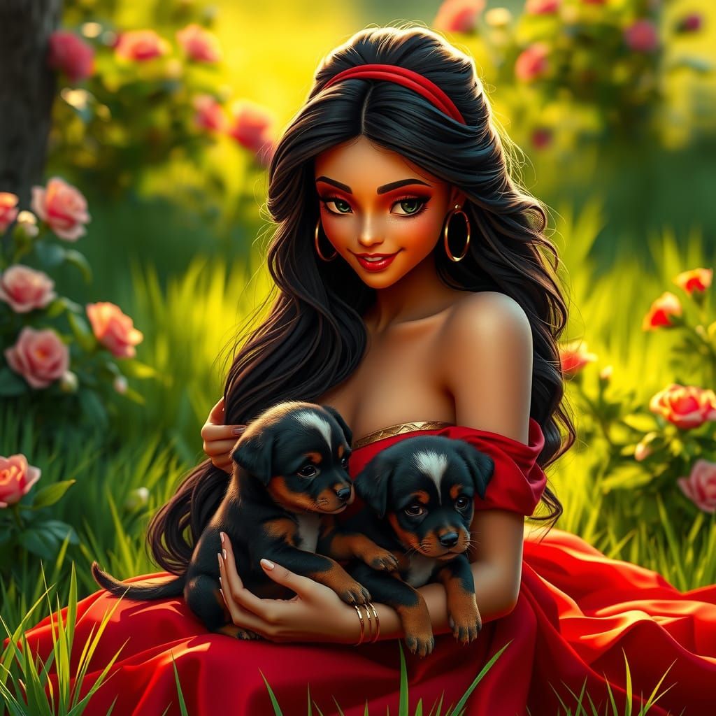 Esmeralda Portrait with Puppies, Hyperdetailed Splash Art