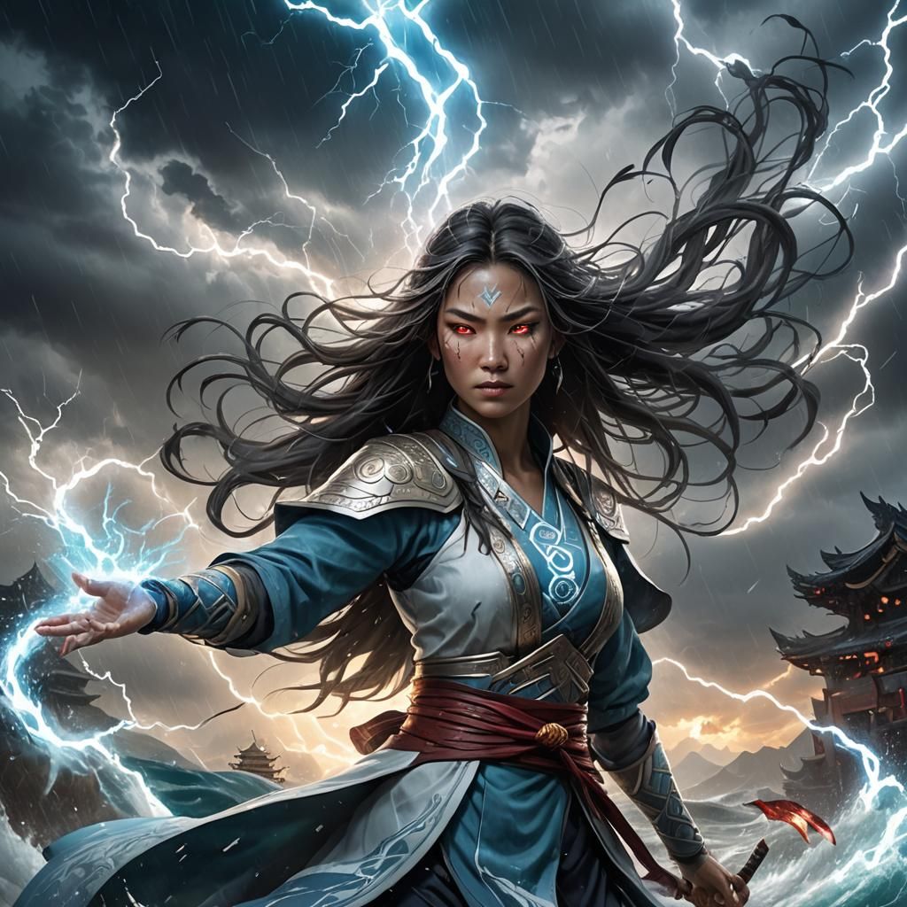 Immortal Lady of the Water Tribe, incandescent stormy rain, lightning.