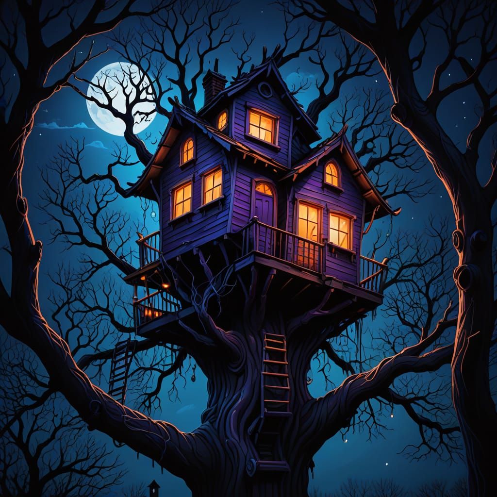 Surreal Haunted Treehouse Scene at Night