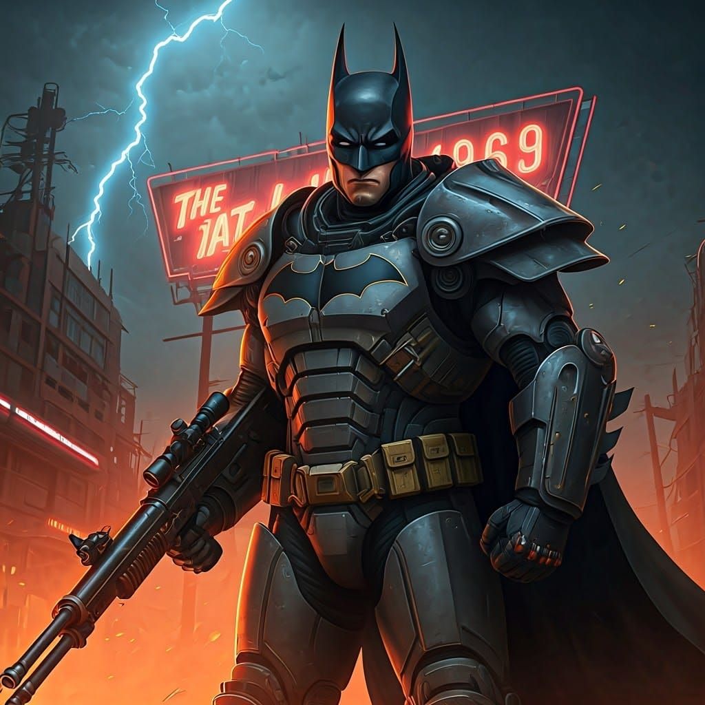 Batman in Fallout Power Armor With Neon Signage